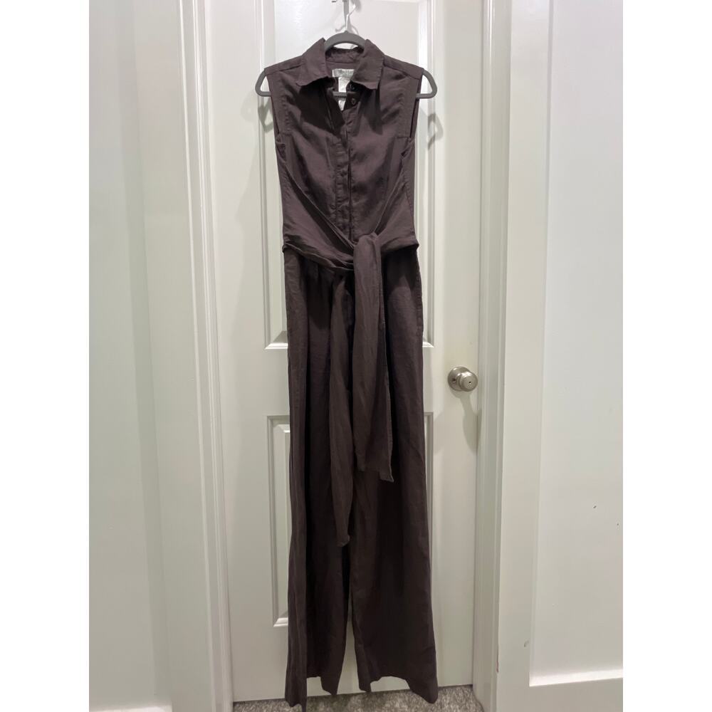 Max Mara Chocolate Brown 100% Linen Sleeveless Wide Leg Jumpsuit Sz 8